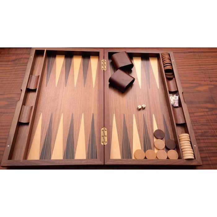 Walnut backgammon set  with racks and colored inlays