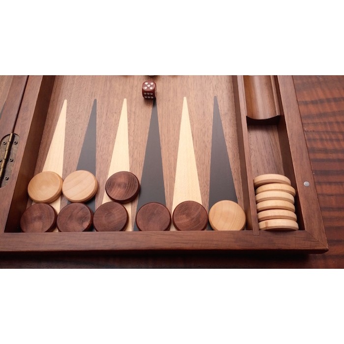 Walnut backgammon set with racks and colored inlays