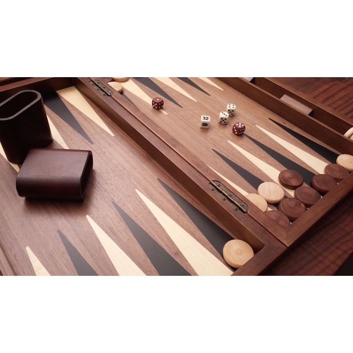 Walnut backgammon set with racks and colored inlays