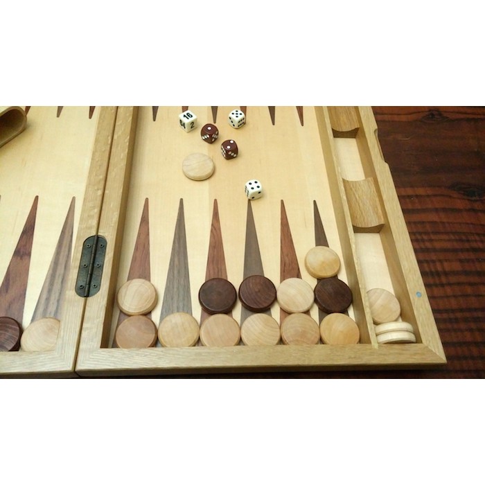 Oak backgammon set with racks and colored inlays