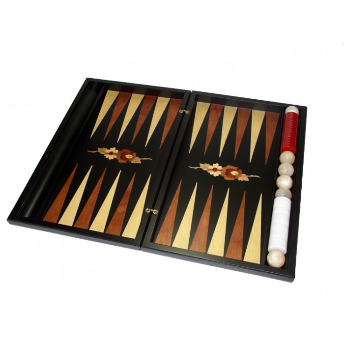 Black backgammon set with racks and colored inlays and decorative flowers & deluxe Galalith checkers