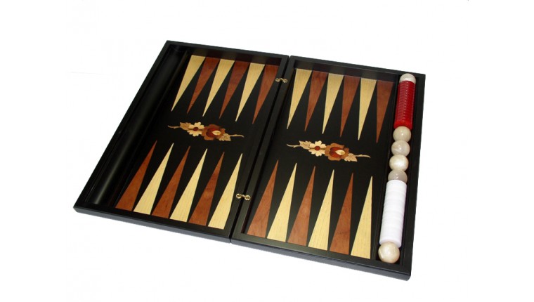 Black backgammon set with racks and colored inlays and decorative flowers & deluxe Galalith checkers