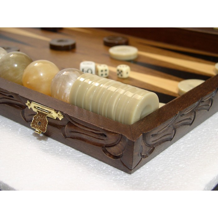 Walnut carved backgammon set with racks and colored inlays & deluxe Galalith checkers