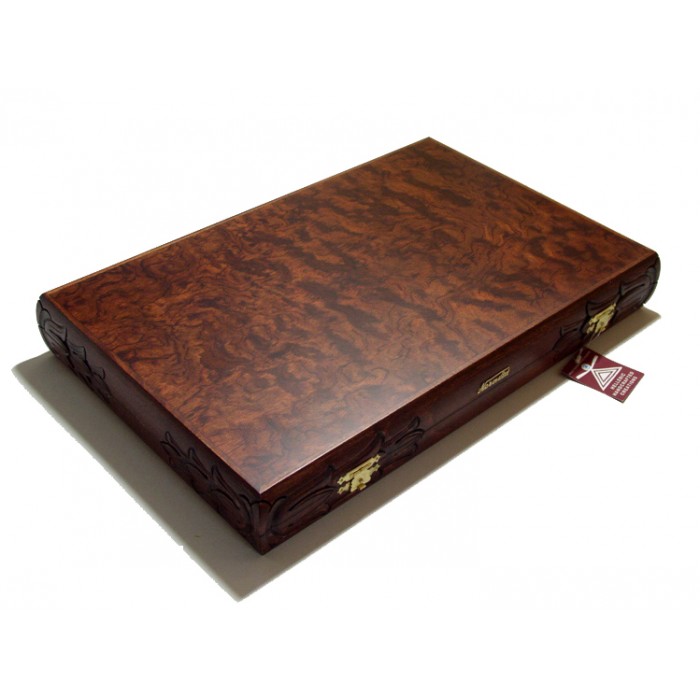 Rosewood carved  backgammon set with racks and colored inlays & deluxe Galalith checkers