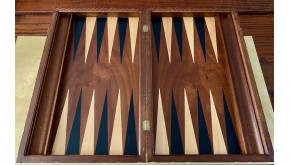 Walnut carved backgammon set with racks and colored inlays & deluxe Galalith checkers