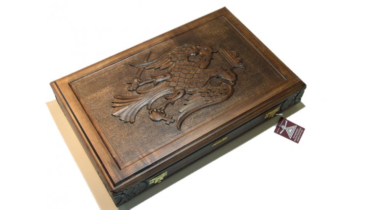 Backgammon set carved with racks  and double inlays "byzantine eagle" &  deluxe Galalith  checkers