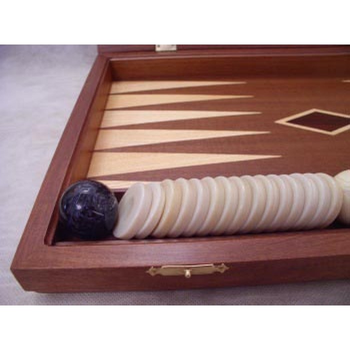 Mirror backgammon set with racks and colored inlays & deluxe Galalith checkers