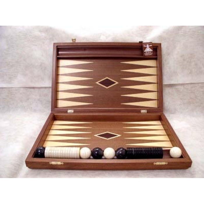 Mirror backgammon set with racks and colored inlays & deluxe Galalith checkers