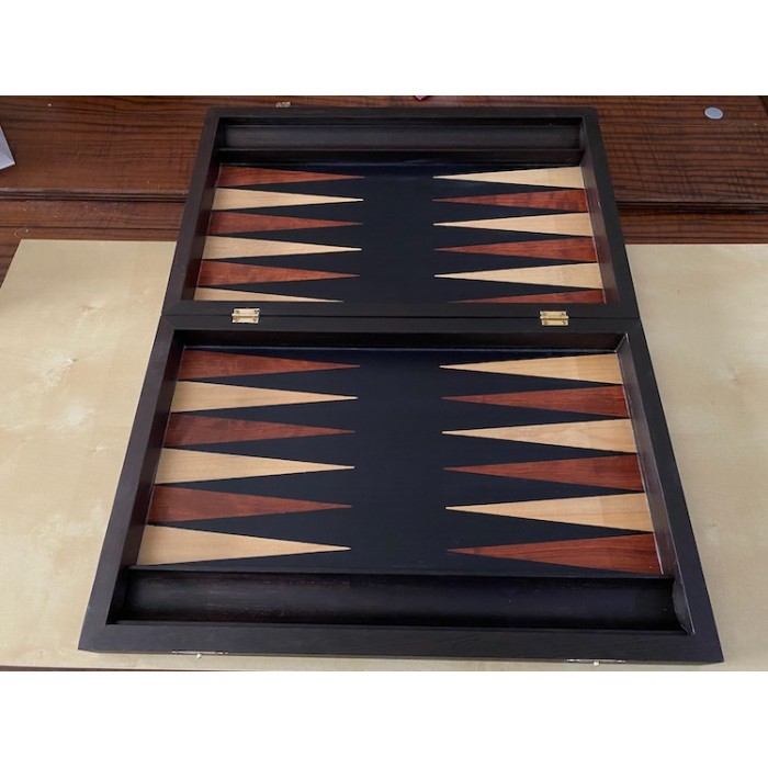 Palysander backgammon  set with racks and colored inlays & deluxe Galalith checkers