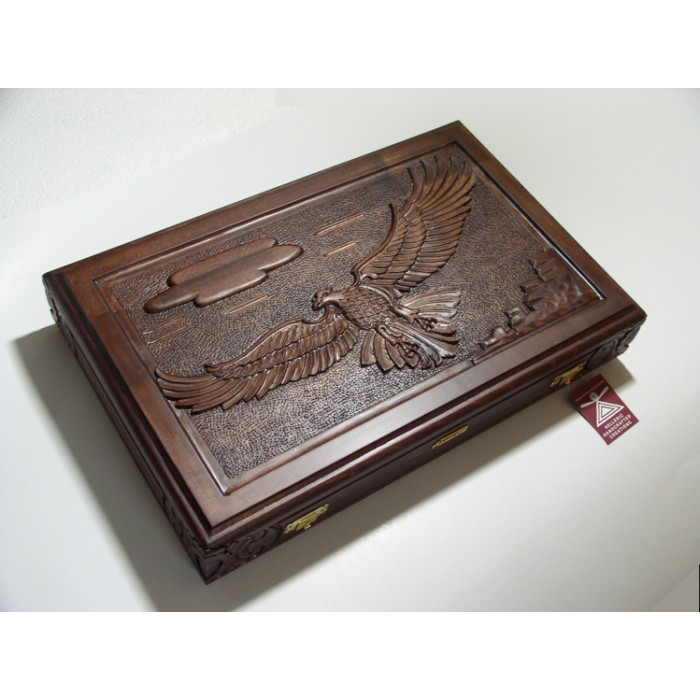 Backgammon set carved  with racks and double inlays "flying eagle" theme & deluxe Galalith checkers