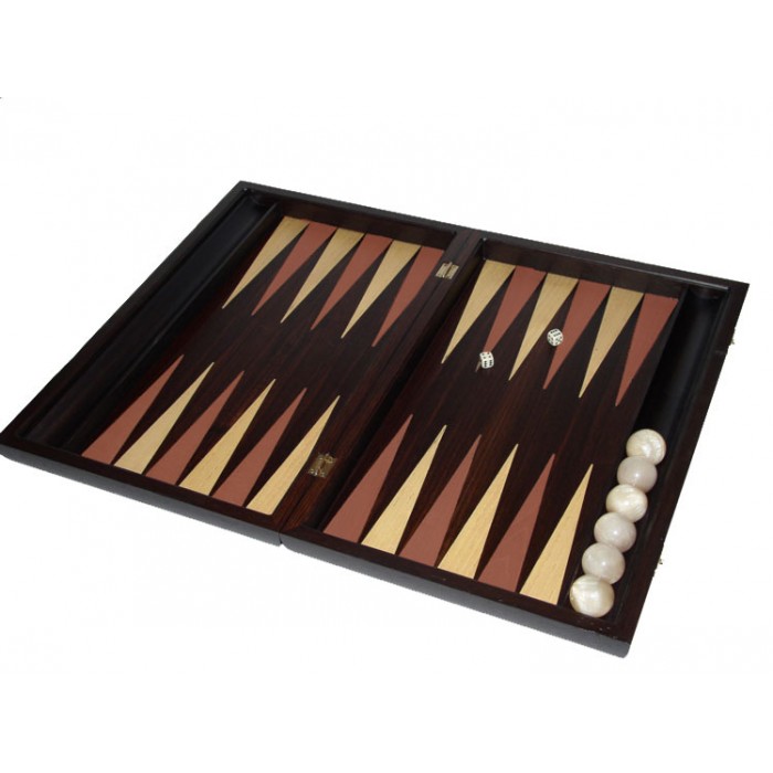 Download Palysander backgammon set with racks and colored inlays & deluxe Galalith checkers
