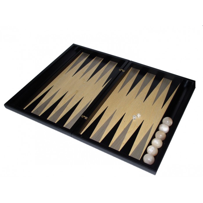 Black backgammon set with racks and colored inlays & deluxe Galalith checkers
