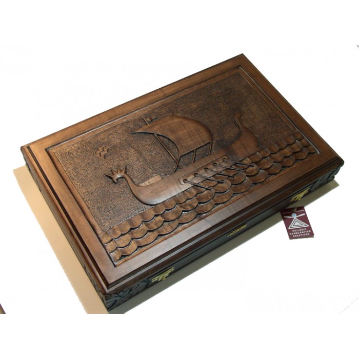 Backgammon set carved  "Ancient Greek ship" theme