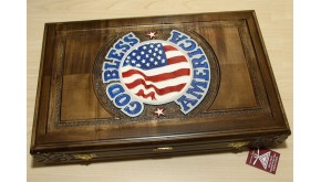 "USA" Backgammon set  carved with racks and  double inlays  &  deluxe Galalith checkers