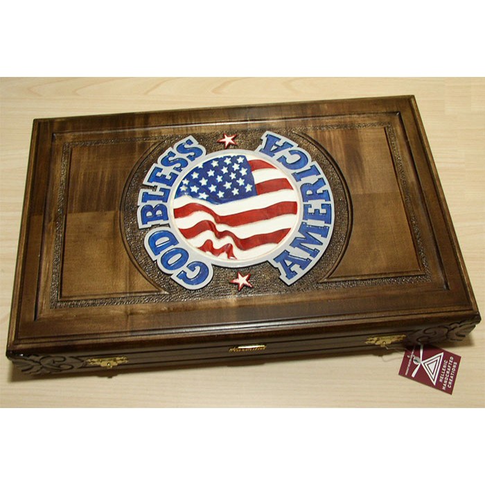 "USA" Backgammon set  carved with racks and  double inlays  &  deluxe Galalith checkers
